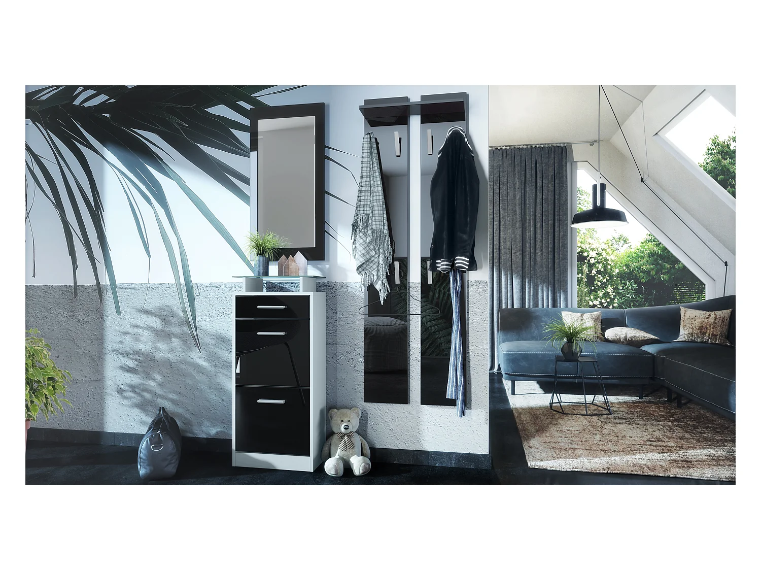 Ensemble de meubles d'entrée Loret V2 Mini, Corps en Blanc mat / Façades en Noir haute brillance