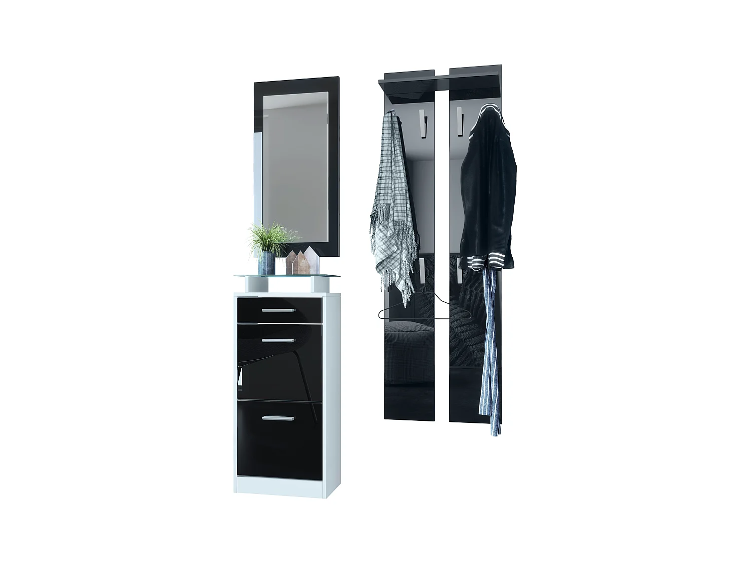 Ensemble de meubles d'entrée Loret V2 Mini, Corps en Blanc mat / Façades en Noir haute brillance