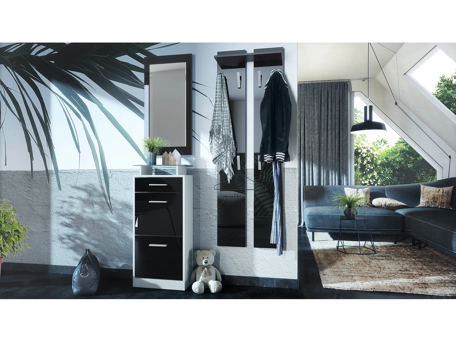 Ensemble de meubles d'entrée Loret V2 Mini, Corps en Blanc mat / Façades en Noir haute brillance