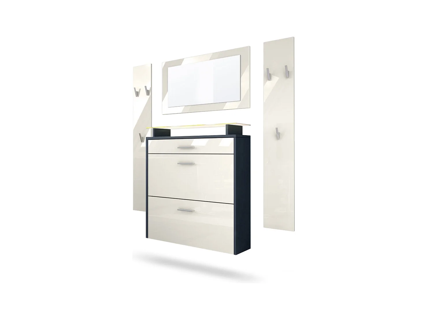 Penderie Malea, Meuble d’entrée comprenant 1 commode à chaussures murale, 1 miroir et 2 panneaux porte-manteaux, Anthracite mat/Crème brillant, LED RVB inclus