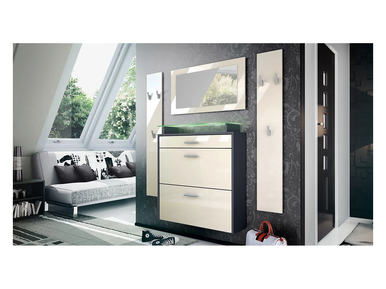 Penderie Malea, Meuble d’entrée comprenant 1 commode à chaussures murale, 1 miroir et 2 panneaux porte-manteaux, Anthracite mat/Crème brillant, LED RVB inclus