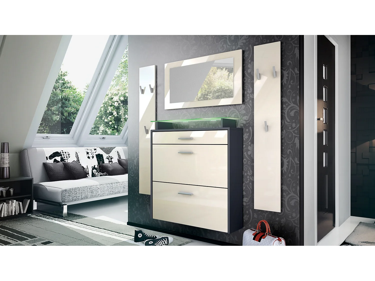 Penderie Malea, Meuble d’entrée comprenant 1 commode à chaussures murale, 1 miroir et 2 panneaux porte-manteaux, Anthracite mat/Crème brillant, LED RVB inclus