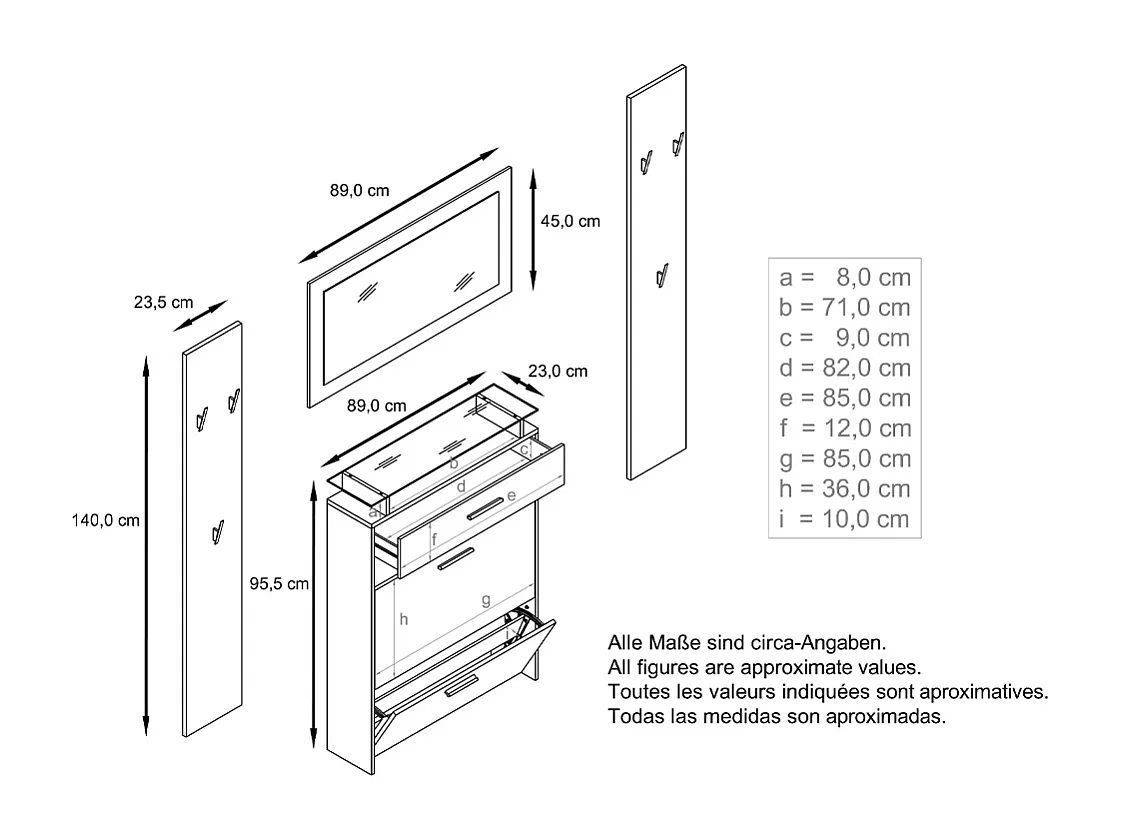 Penderie Malea, Meuble d’entrée comprenant 1 commode à chaussures murale, 1 miroir et 2 panneaux porte-manteaux, Anthracite mat/Crème brillant, LED RVB inclus