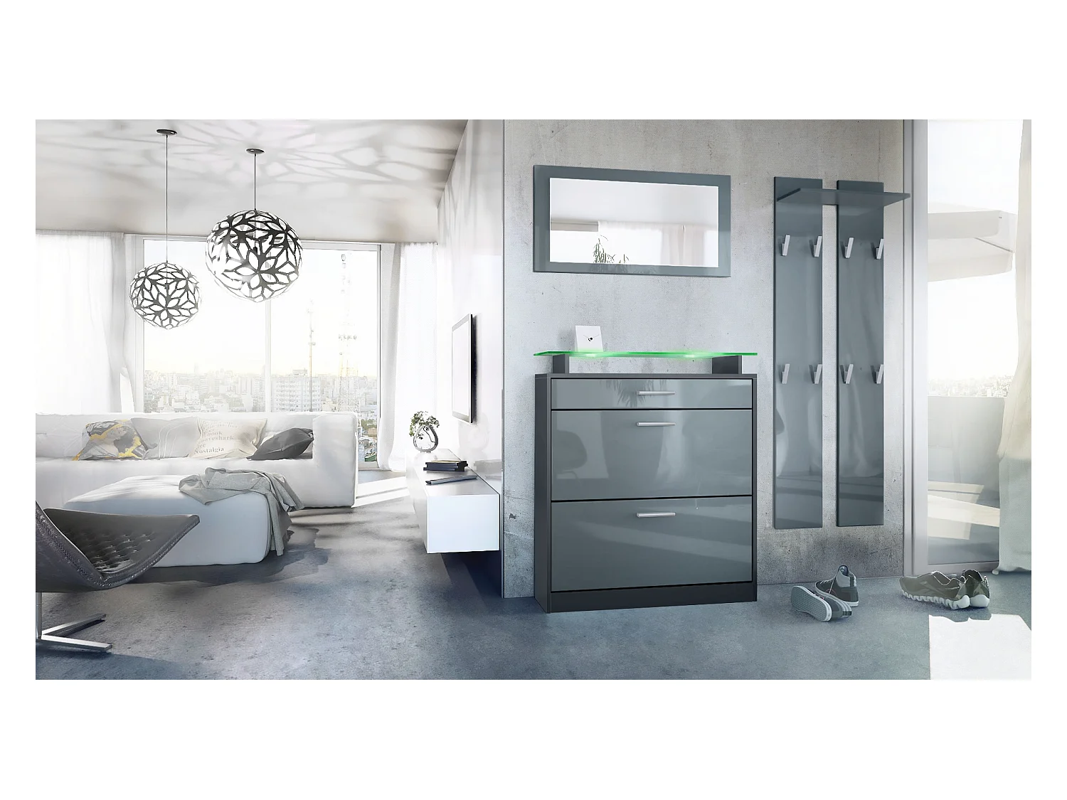 Loret Ensemble penderie, meuble à chaussures 89x104x23 cm avec miroir, 2 panneaux murales et éclairage LED, Anthracite mat & Gris brillant