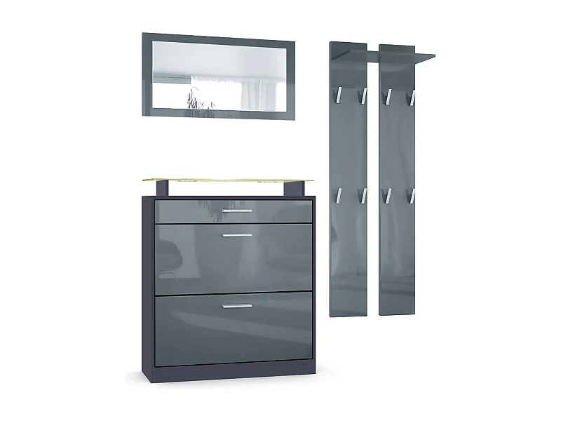 Loret Ensemble penderie, meuble à chaussures 89x104x23 cm avec miroir, 2 panneaux murales et éclairage LED, Anthracite mat & Gris brillant