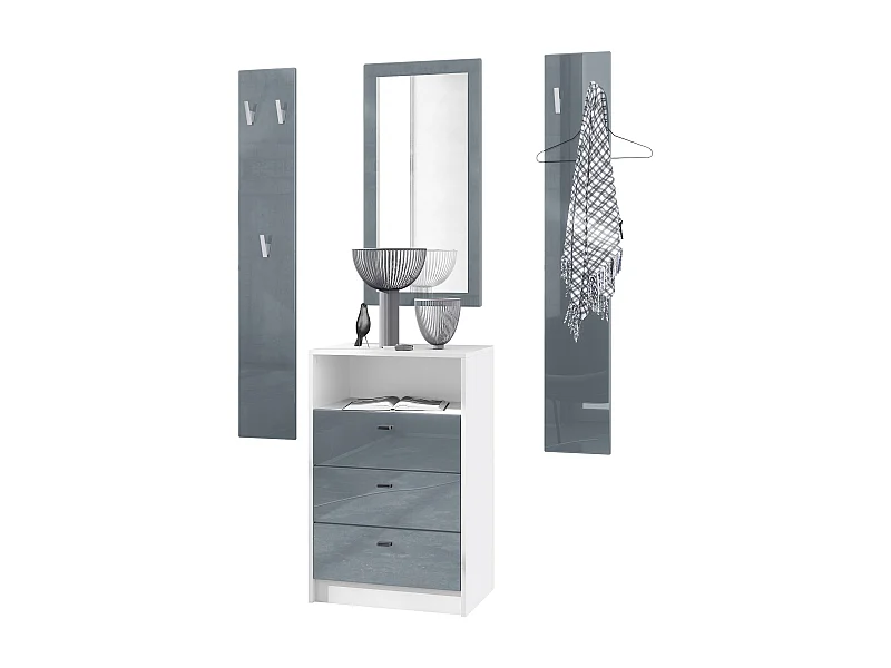 Ensemble de vestiaires Pino V2, 2 Panneaux muraux 140 cm et buffet avec 2 tiroirs & 1 compartiment ouvert, blanc mat/gris haute brillance (56 x 67,5 x 36 cm)