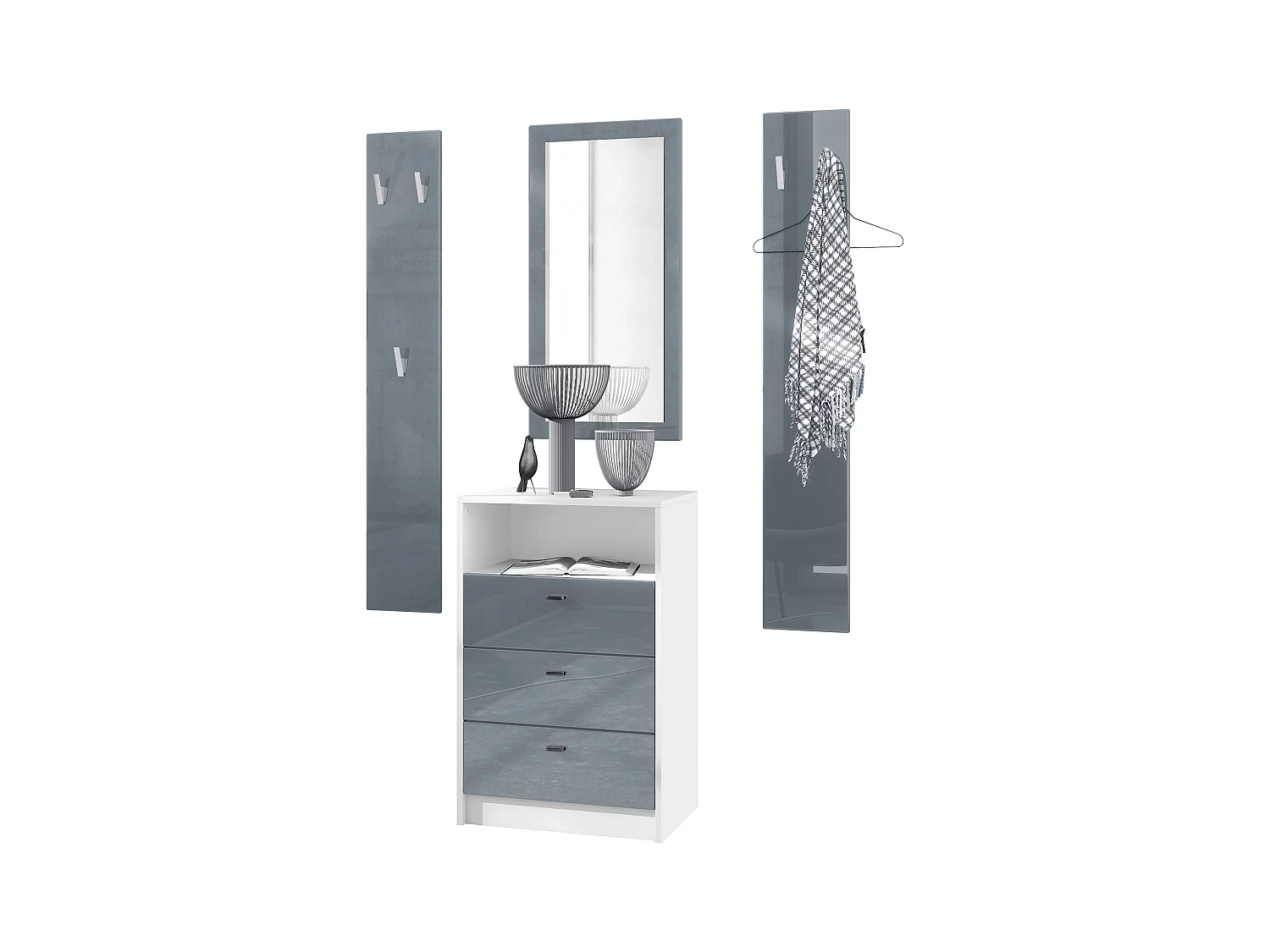 Ensemble de vestiaires Pino V2, 2 Panneaux muraux 140 cm et buffet avec 2 tiroirs & 1 compartiment ouvert, blanc mat/gris haute brillance (56 x 67,5 x 36 cm)