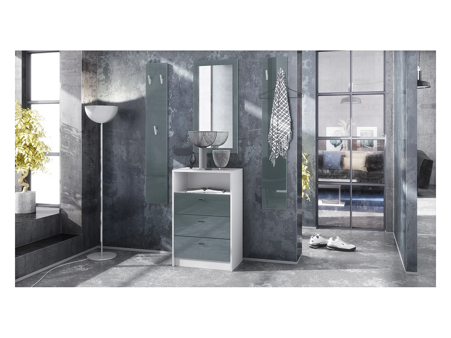 Ensemble de vestiaires Pino V2, 2 Panneaux muraux 140 cm et buffet avec 2 tiroirs & 1 compartiment ouvert, blanc mat/gris haute brillance (56 x 67,5 x 36 cm)