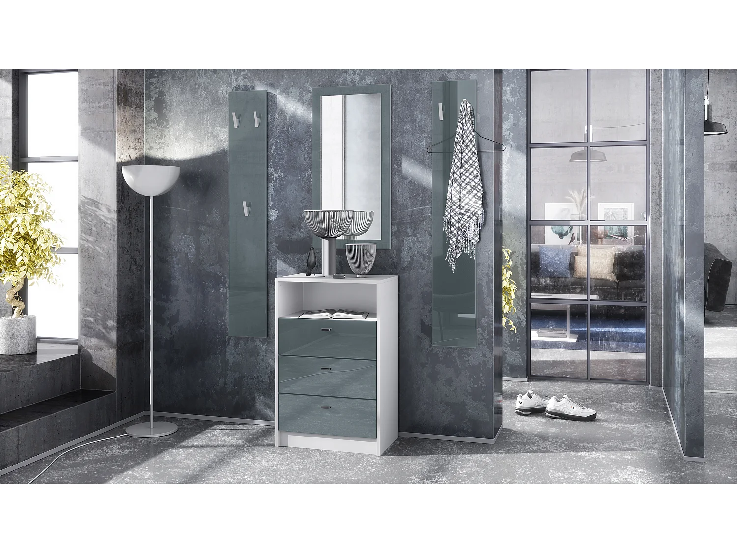 Ensemble de vestiaires Pino V2, 2 Panneaux muraux 140 cm et buffet avec 2 tiroirs & 1 compartiment ouvert, blanc mat/gris haute brillance (56 x 67,5 x 36 cm)