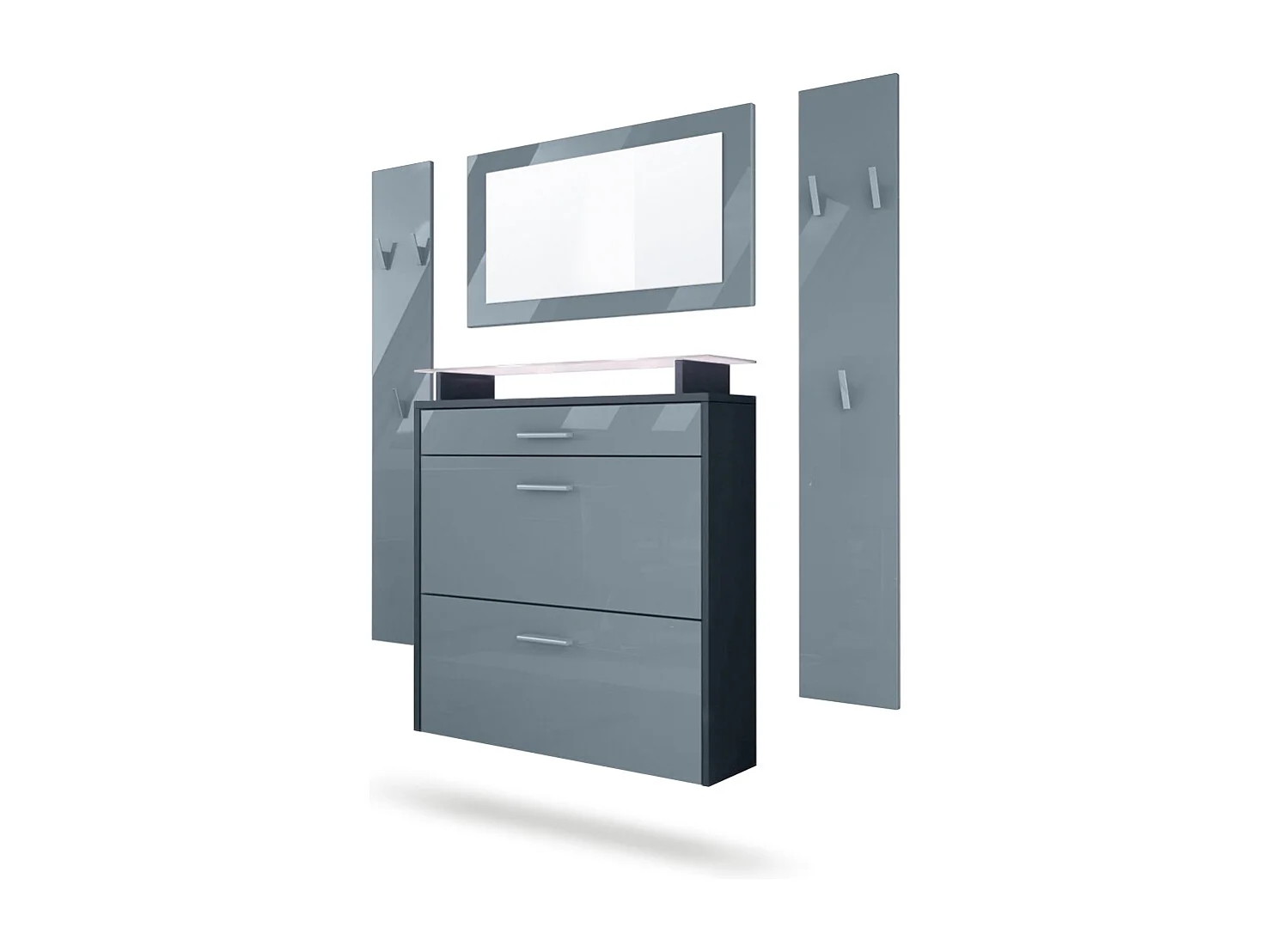 Penderie Malea, Meuble d’entrée comprenant 1 commode à chaussures, 1 miroir et 2 panneaux porte-manteaux, Anthracite mat/Gris brillant, LED blanc inclus