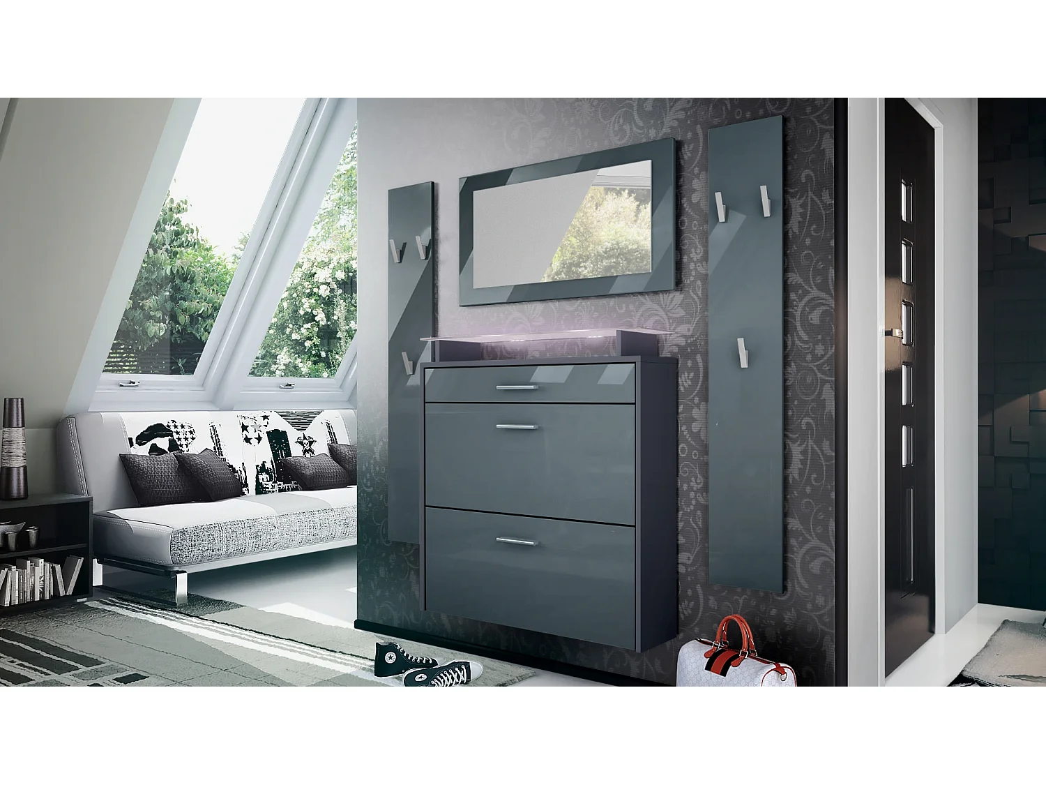 Penderie Malea, Meuble d’entrée comprenant 1 commode à chaussures, 1 miroir et 2 panneaux porte-manteaux, Anthracite mat/Gris brillant, LED blanc inclus