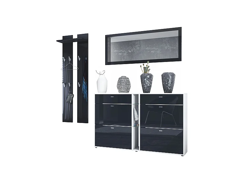 Ensemble vestiaire Orlando avec armoire à chaussures, panneau mural et miroir mural, blanc mat/noir haute brillance