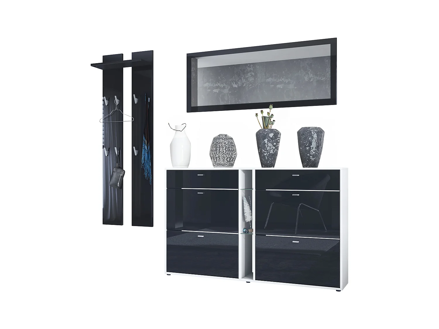 Ensemble vestiaire Orlando avec armoire à chaussures, panneau mural et miroir mural, blanc mat/noir haute brillance