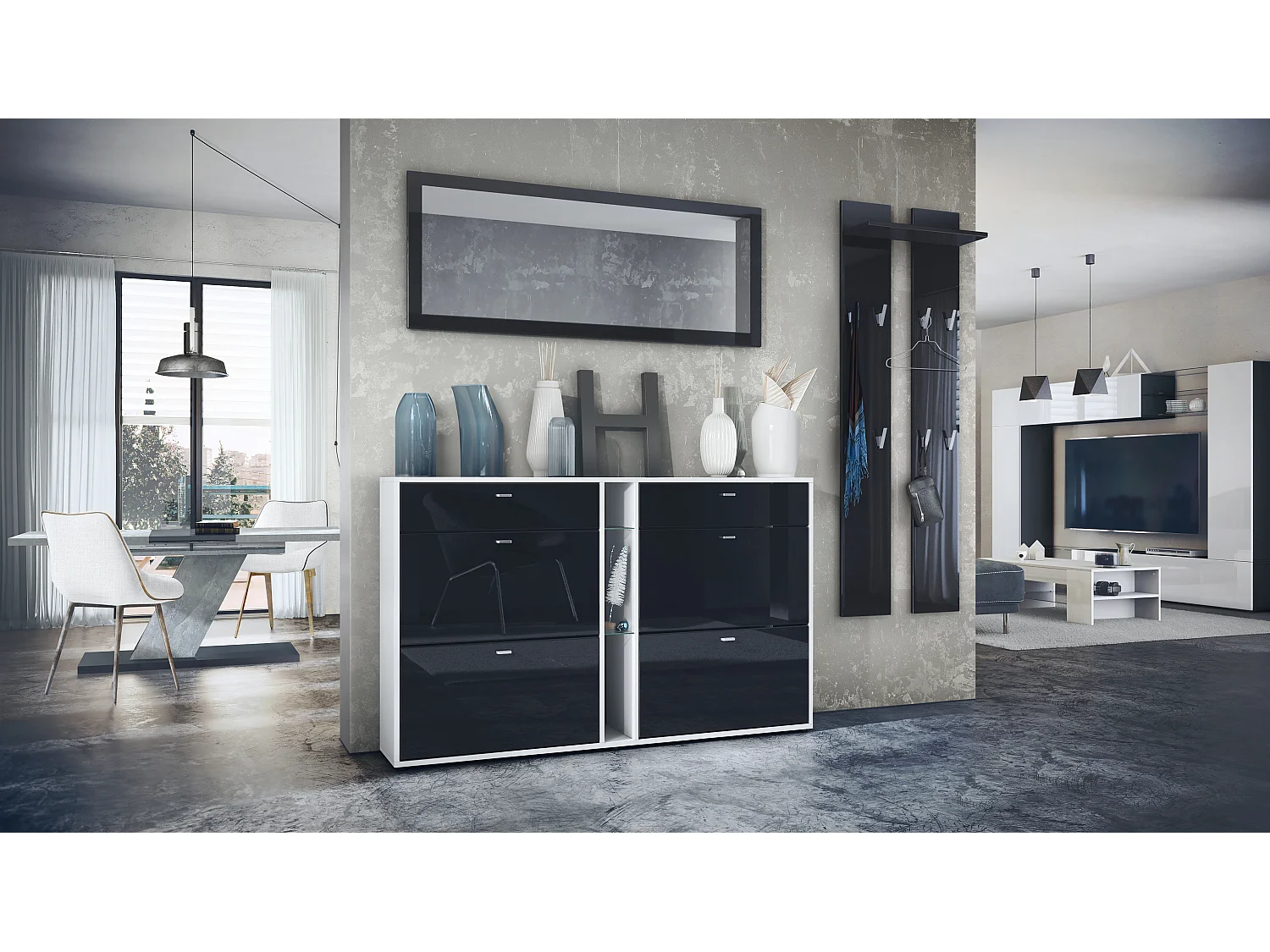 Ensemble vestiaire Orlando avec armoire à chaussures, panneau mural et miroir mural, blanc mat/noir haute brillance