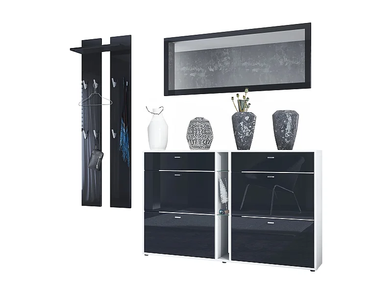 Ensemble vestiaire Orlando avec armoire à chaussures, panneau mural et miroir mural, blanc mat/noir haute brillance