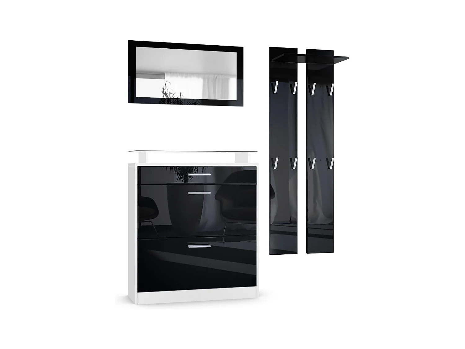 Penderie Loret Mini, Meuble d’entrée comprenant 1 commode à chaussures, 1 miroir mural et 2 panneaux porte-manteaux, Blanc mat/Noir haute brillance