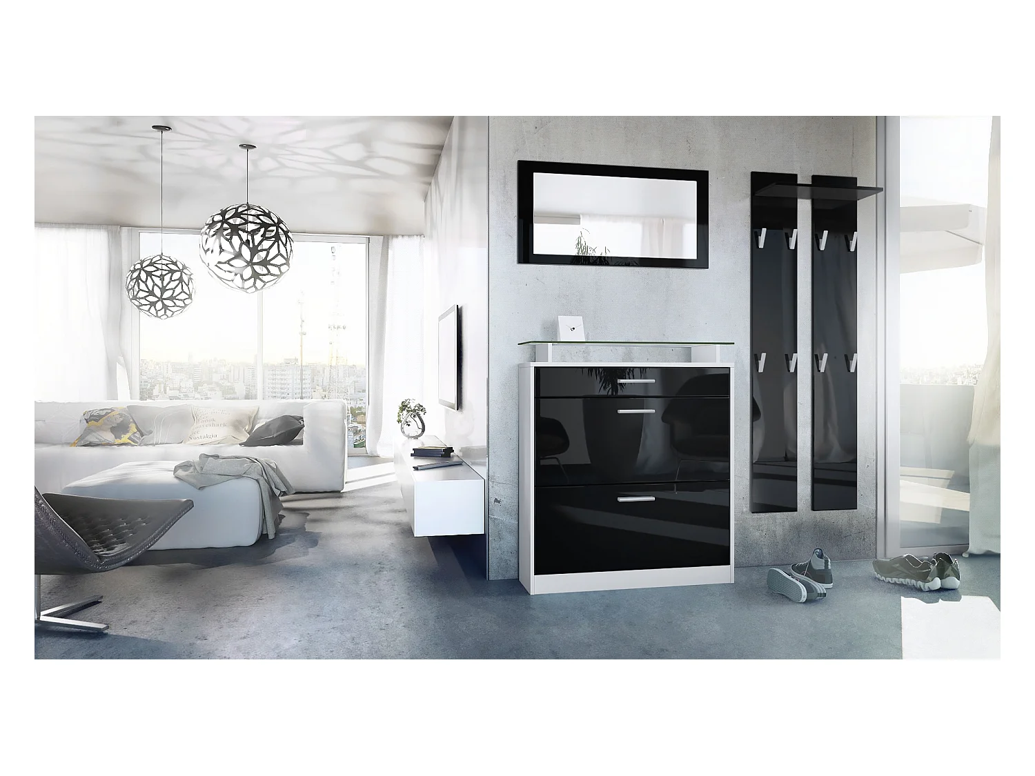 Penderie Loret Mini, Meuble d’entrée comprenant 1 commode à chaussures, 1 miroir mural et 2 panneaux porte-manteaux, Blanc mat/Noir haute brillance