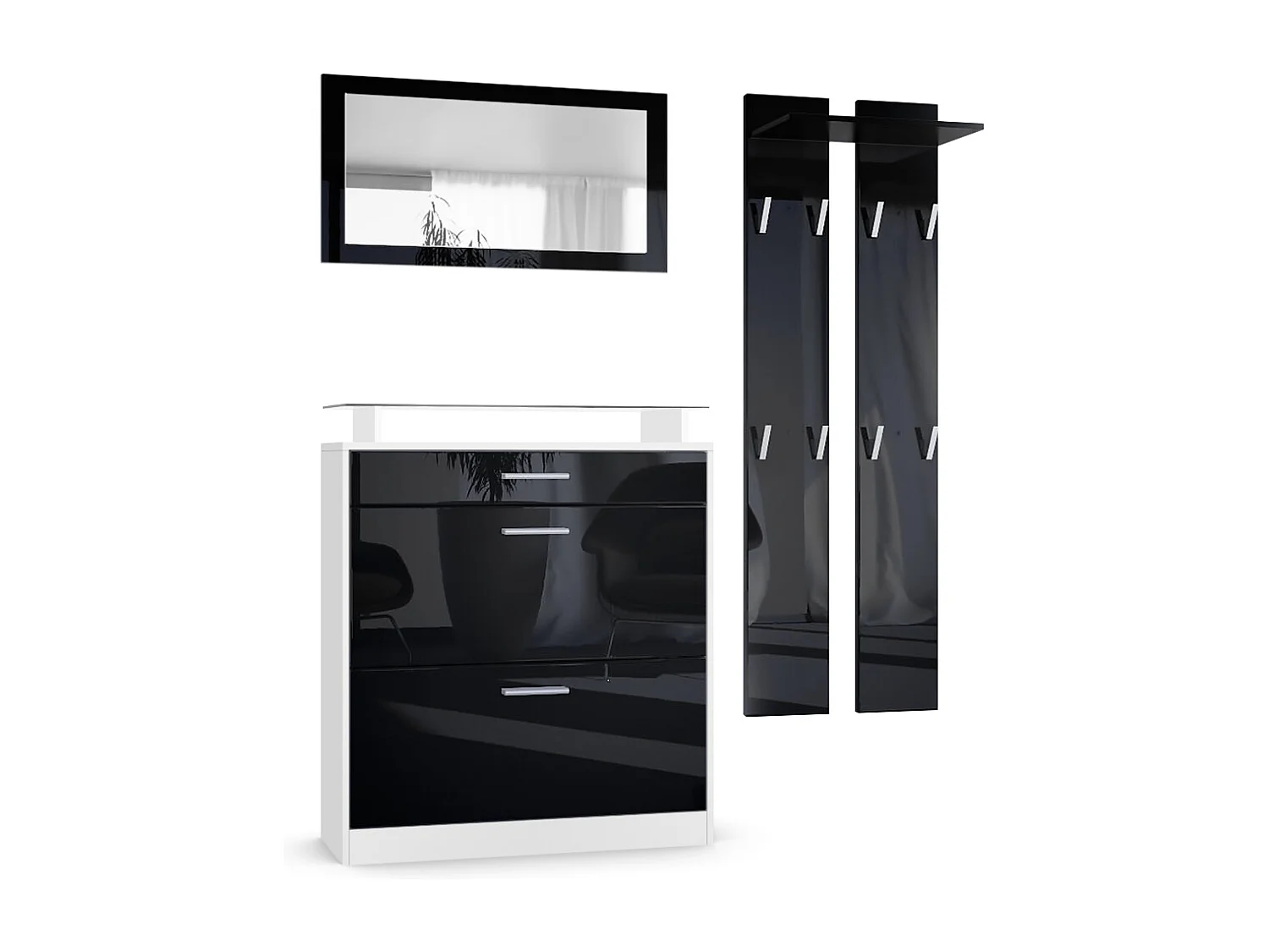 Penderie Loret Mini, Meuble d’entrée comprenant 1 commode à chaussures, 1 miroir mural et 2 panneaux porte-manteaux, Blanc mat/Noir haute brillance