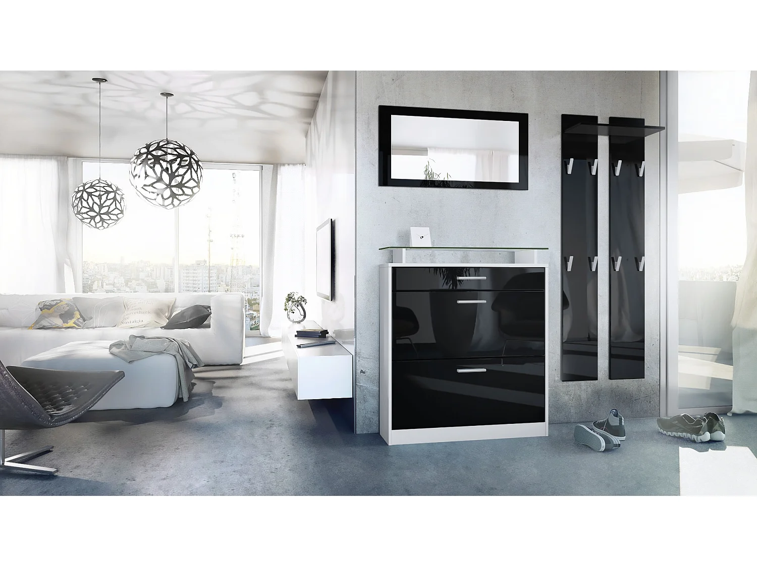 Penderie Loret Mini, Meuble d’entrée comprenant 1 commode à chaussures, 1 miroir mural et 2 panneaux porte-manteaux, Blanc mat/Noir haute brillance