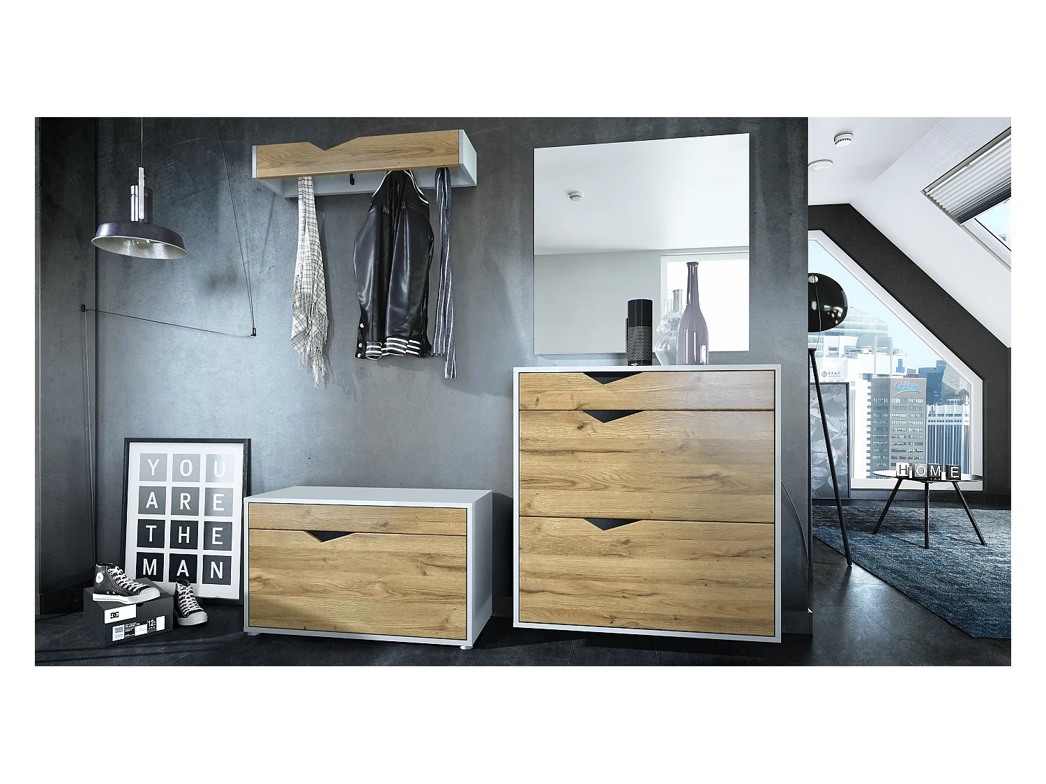 Perchero Kolmio 190 x 185 x 33 cm, cuerpo en blanco mate, frentes en Roble natural | Amplia selección de colores