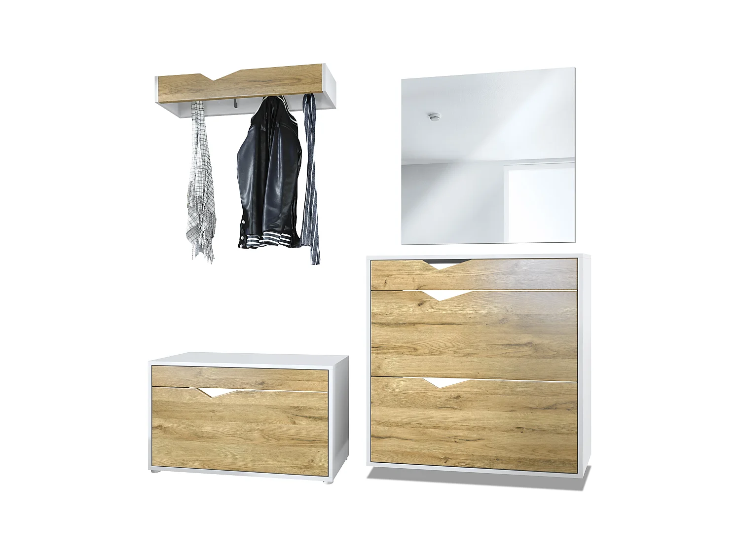 Ensemble Vestiaire Kolmio 190 x 185 x 33 cm portemanteau de couloir, caisson en blanc mat, façades en Chêne Nature | Grand choix de couleurs