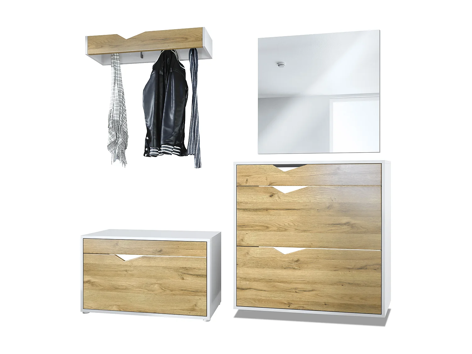 Ensemble Vestiaire Kolmio 190 x 185 x 33 cm portemanteau de couloir, caisson en blanc mat, façades en Chêne Nature | Grand choix de couleurs