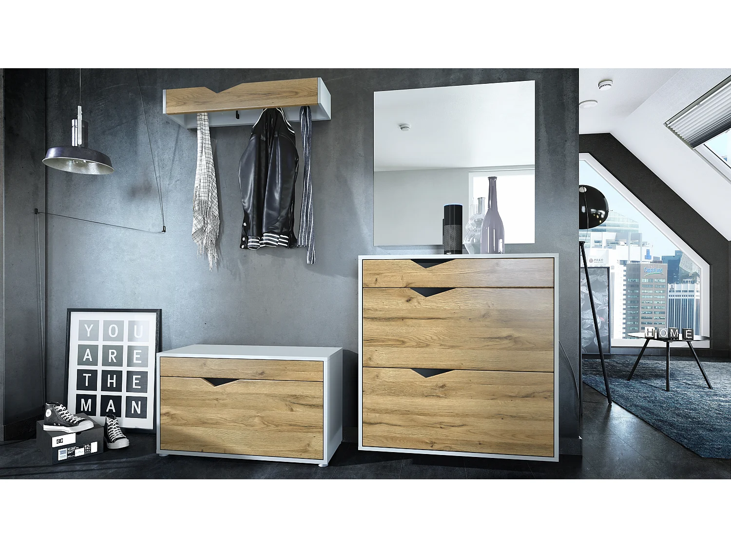 Ensemble Vestiaire Kolmio 190 x 185 x 33 cm portemanteau de couloir, caisson en blanc mat, façades en Chêne Nature | Grand choix de couleurs