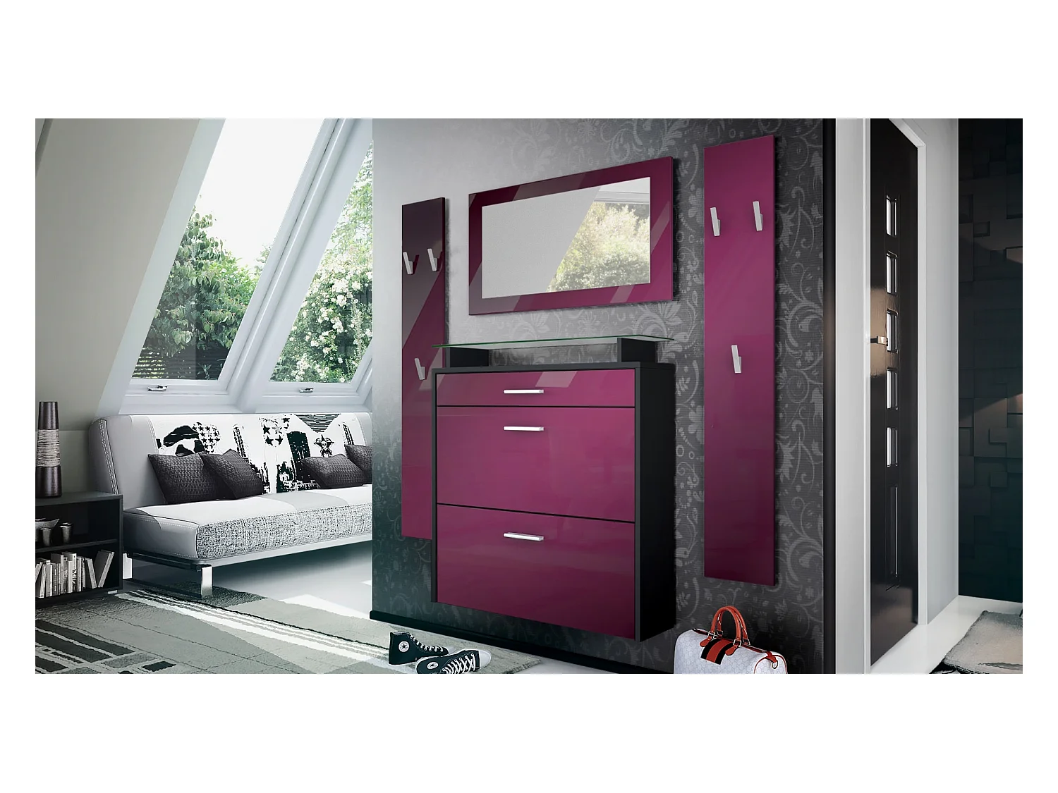 Penderie Malea, Meuble d’entrée comprenant 1 commode à chaussures murale, 1 miroir mural et 2 panneaux porte-manteaux, Noir mat/Mûre haute brillance