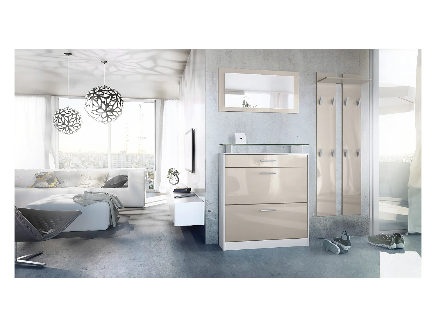 Penderie Loret Mini, Meuble d’entrée comprenant 1 commode à chaussures, 1 miroir mural et 2 panneaux porte-manteaux, Blanc mat/Gris sable haute brillance