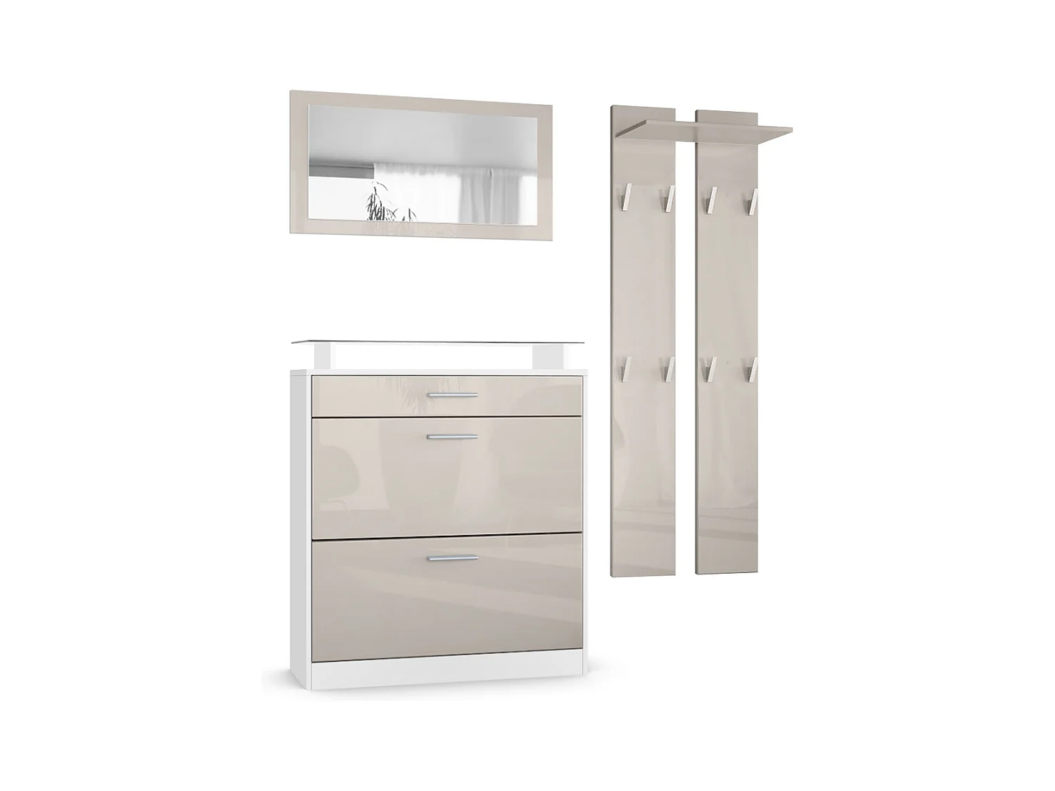 Penderie Loret Mini, Meuble d’entrée comprenant 1 commode à chaussures, 1 miroir mural et 2 panneaux porte-manteaux, Blanc mat/Gris sable haute brillance