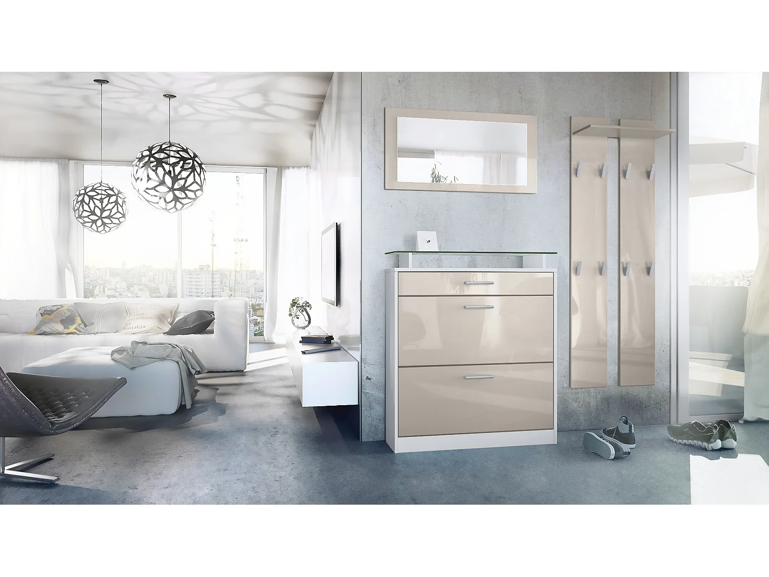 Penderie Loret Mini, Meuble d’entrée comprenant 1 commode à chaussures, 1 miroir mural et 2 panneaux porte-manteaux, Blanc mat/Gris sable haute brillance