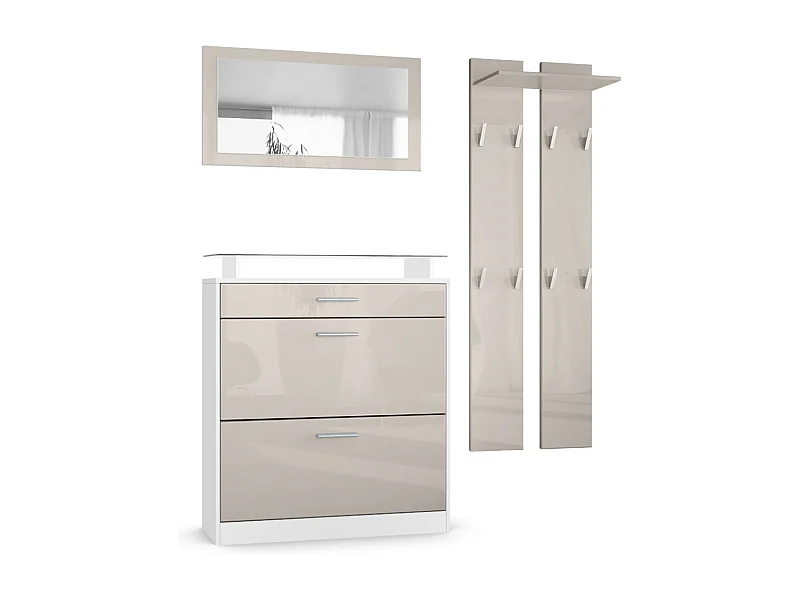 Penderie Loret Mini, Meuble d’entrée comprenant 1 commode à chaussures, 1 miroir mural et 2 panneaux porte-manteaux, Blanc mat/Gris sable haute brillance