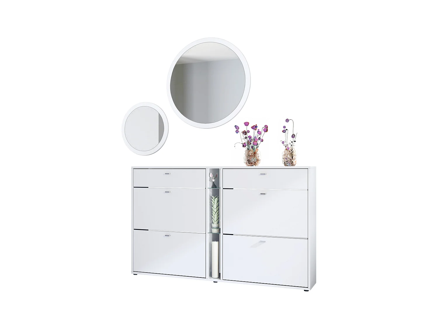 Conjunto de guardarropa Florence con zapatero y 2 espejos de pared, Hecho en ALEMANIA, blanco mate/blanco mate