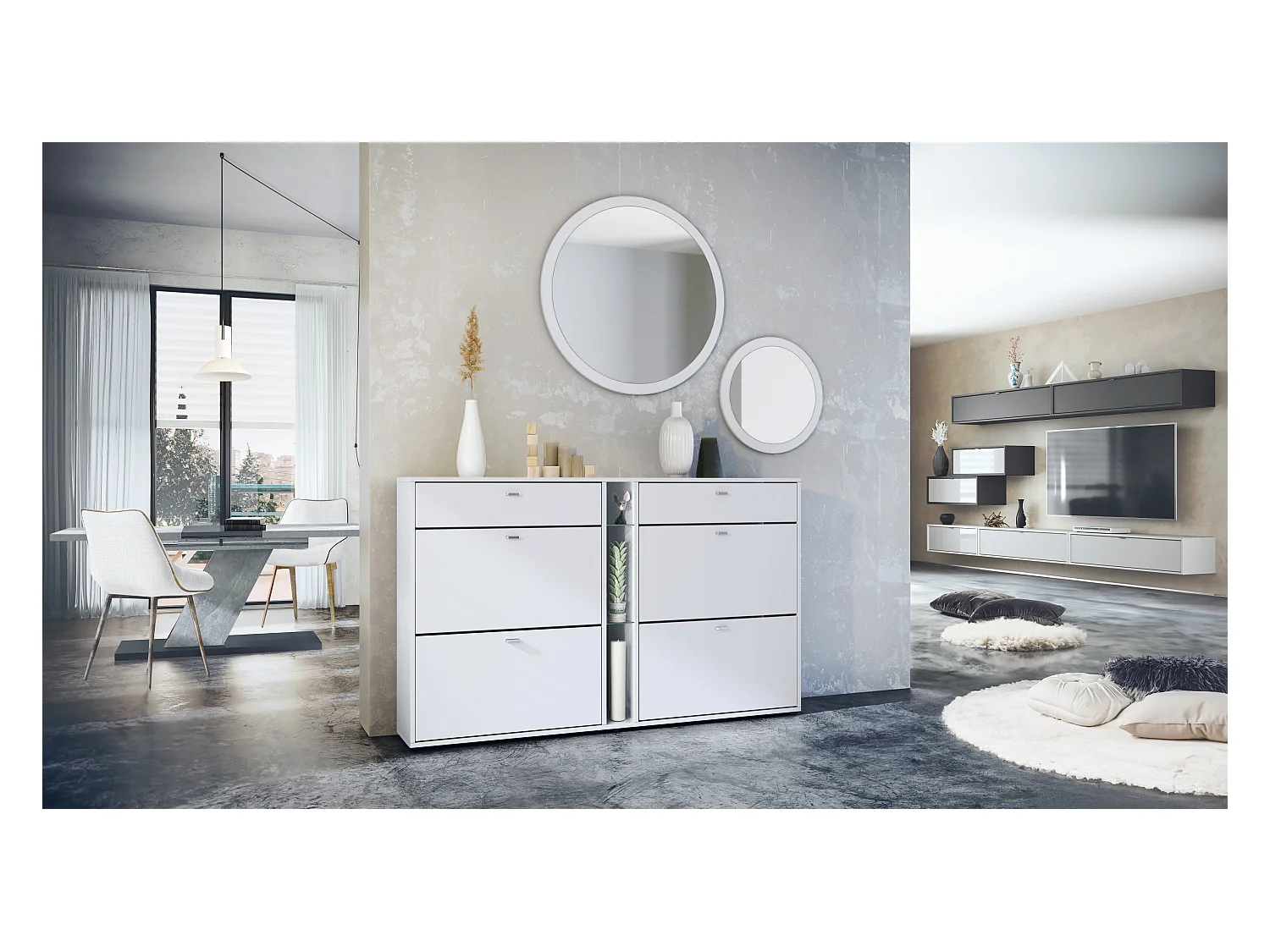 Conjunto de guardarropa Florence con zapatero y 2 espejos de pared, Hecho en ALEMANIA, blanco mate/blanco mate