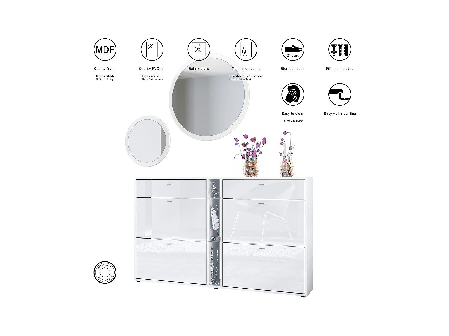 Conjunto de guardarropa Florence con zapatero y 2 espejos de pared, Hecho en ALEMANIA, blanco mate/blanco mate