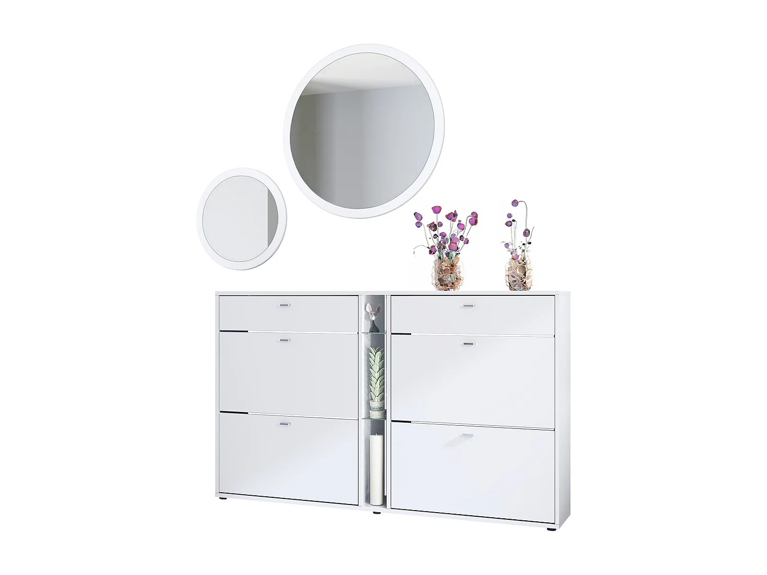 Ensemble de vestiaire Florence avec armoire à chaussures et 2 miroirs muraux, Fabriqué en ALLEMAGNE, blanc mat/blanc mat