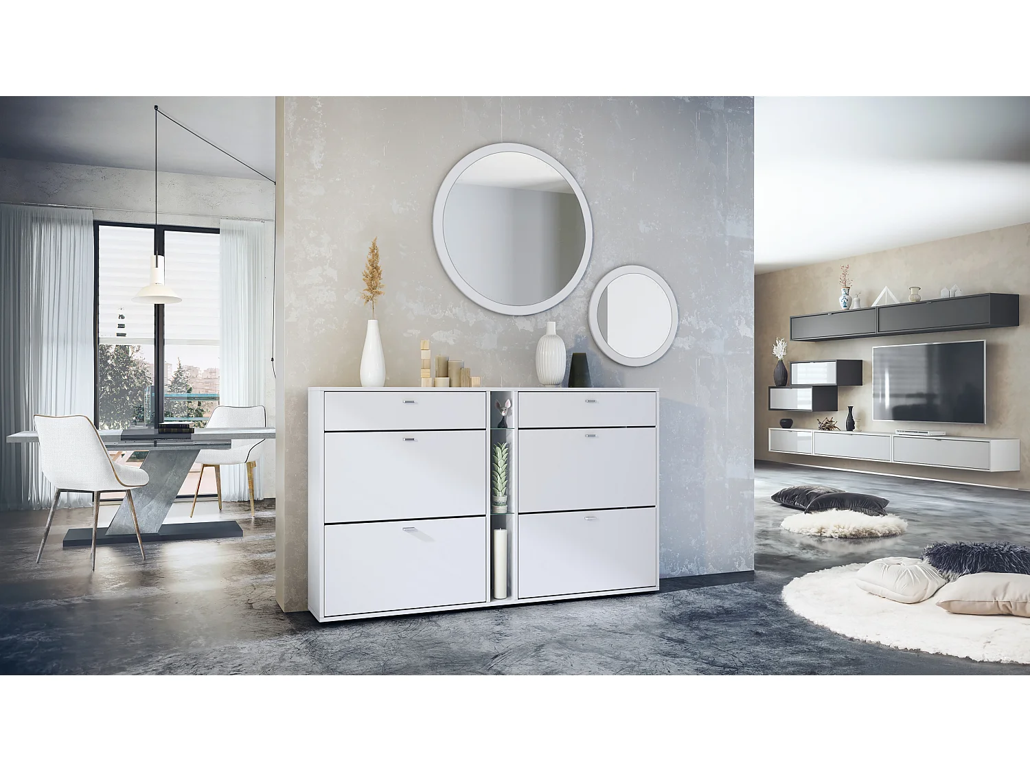 Ensemble de vestiaire Florence avec armoire à chaussures et 2 miroirs muraux, Fabriqué en ALLEMAGNE, blanc mat/blanc mat