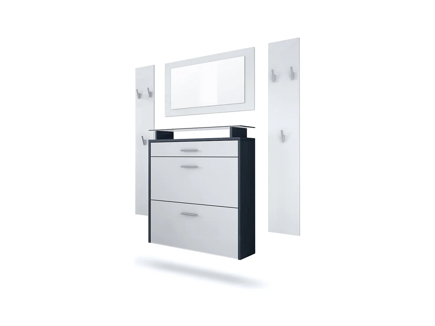 Penderie Malea, Meuble d’entrée comprenant 1 commode à chaussures murale, 1 miroir mural et 2 panneaux porte-manteaux, Anthracite mat/Blanc mat