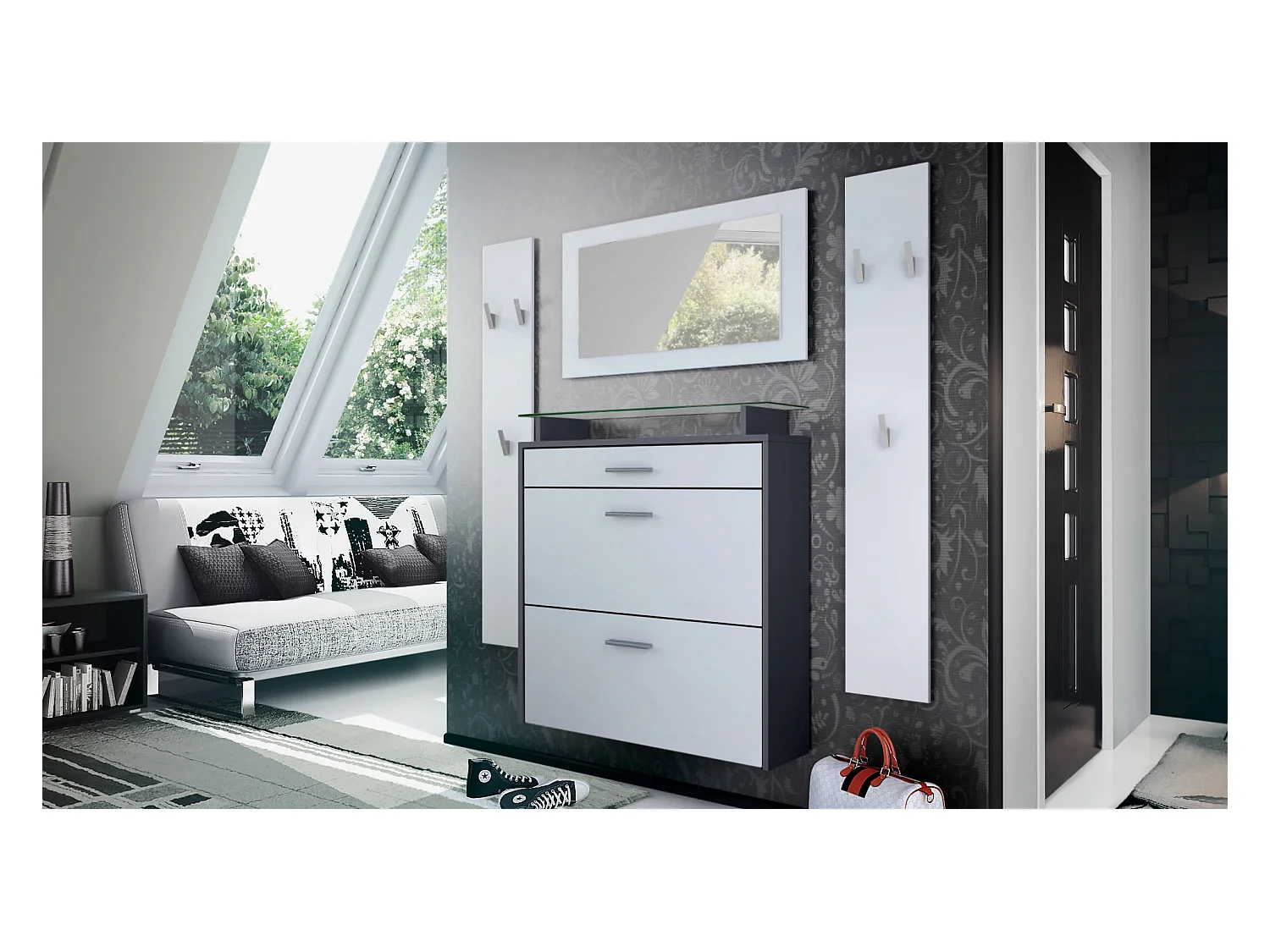 Penderie Malea, Meuble d’entrée comprenant 1 commode à chaussures murale, 1 miroir mural et 2 panneaux porte-manteaux, Anthracite mat/Blanc mat