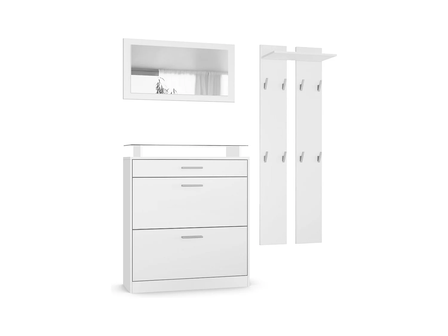 Penderie Loret Mini, Meuble d’entrée comprenant 1 commode à chaussures, 1 miroir mural et 2 panneaux porte-manteaux, Blanc mat/Blanc mat