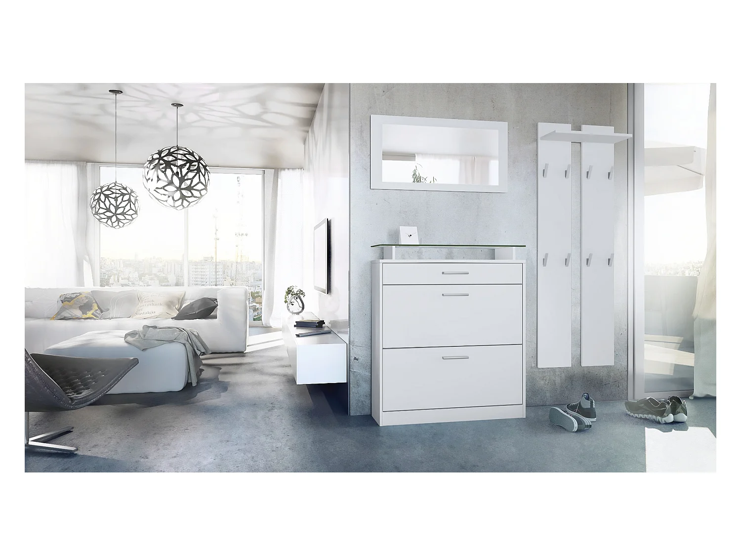 Penderie Loret Mini, Meuble d’entrée comprenant 1 commode à chaussures, 1 miroir mural et 2 panneaux porte-manteaux, Blanc mat/Blanc mat