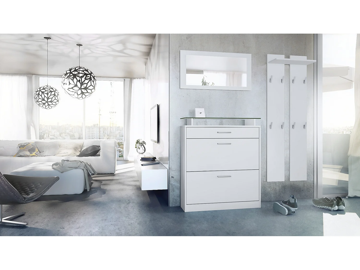 Penderie Loret Mini, Meuble d’entrée comprenant 1 commode à chaussures, 1 miroir mural et 2 panneaux porte-manteaux, Blanc mat/Blanc mat