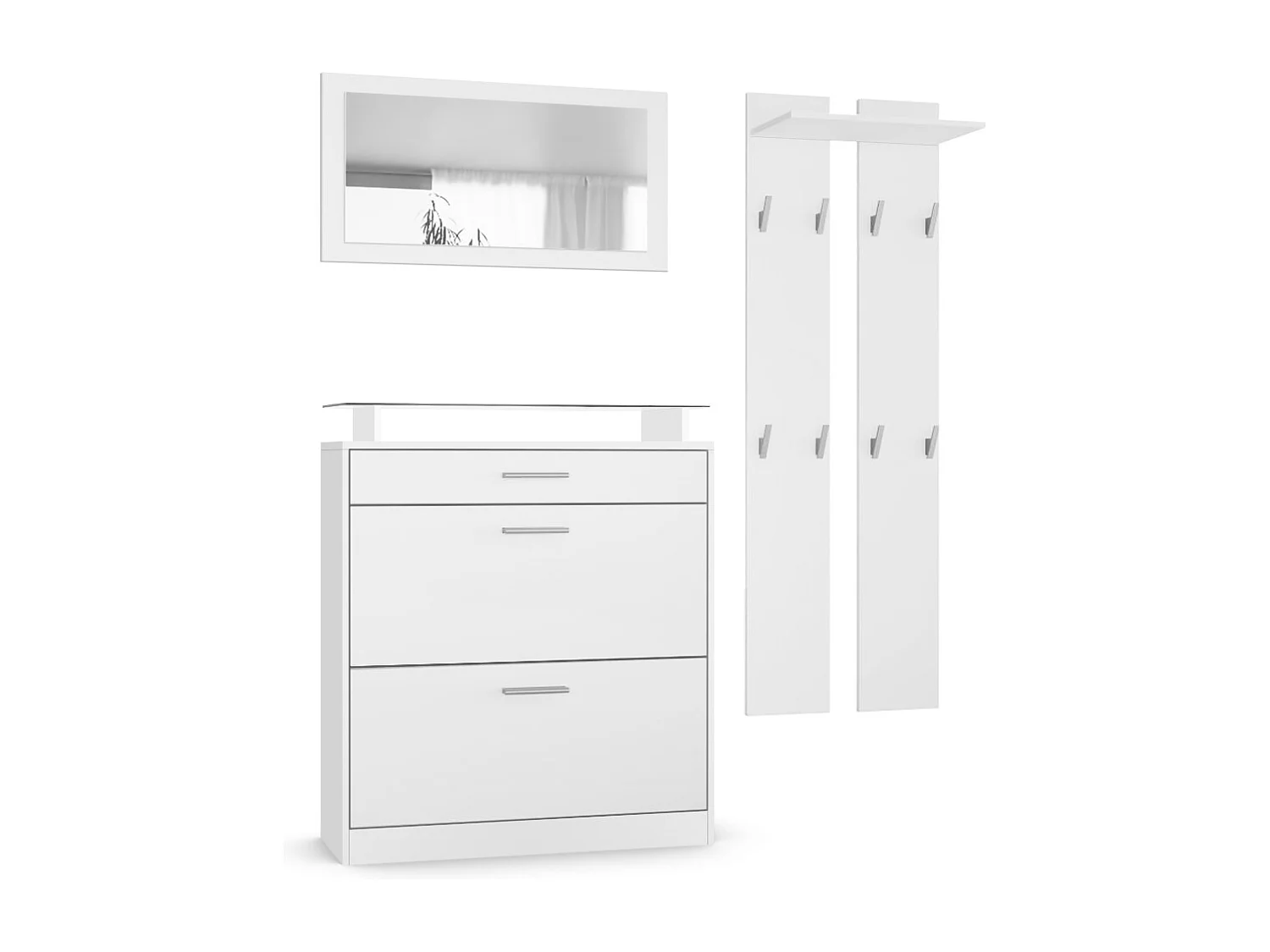 Penderie Loret Mini, Meuble d’entrée comprenant 1 commode à chaussures, 1 miroir mural et 2 panneaux porte-manteaux, Blanc mat/Blanc mat