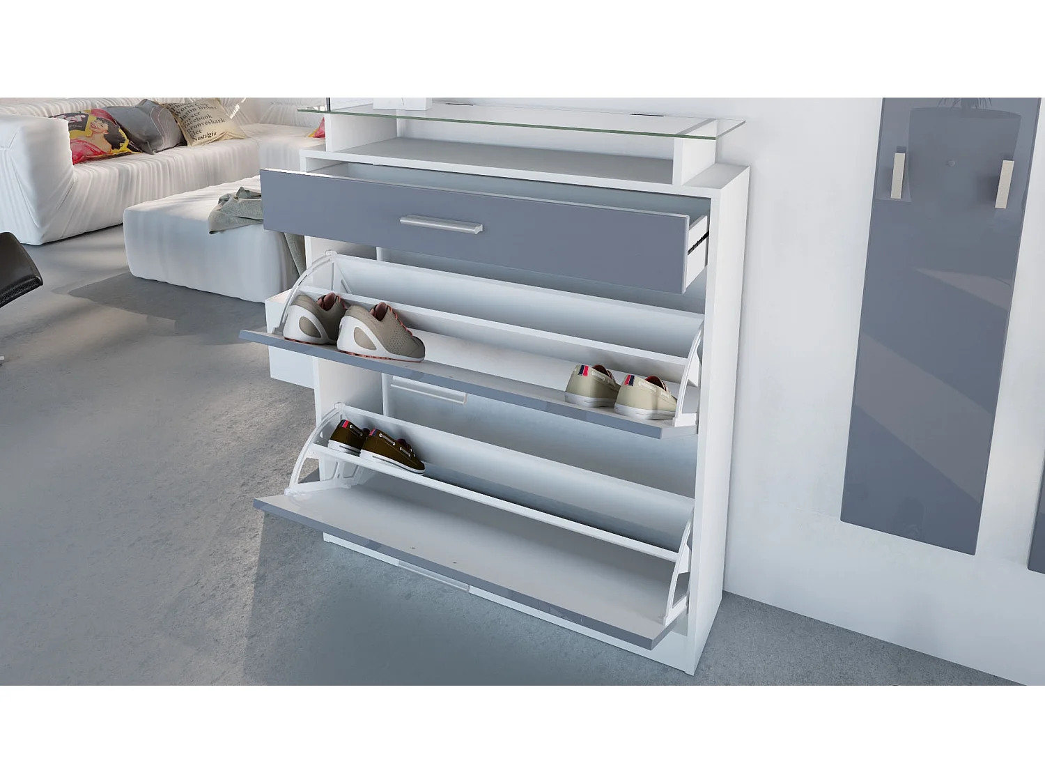 Penderie Loret Mini, Meuble d’entrée comprenant 1 commode à chaussures, 1 miroir mural et 2 panneaux porte-manteaux, Blanc mat/Blanc mat