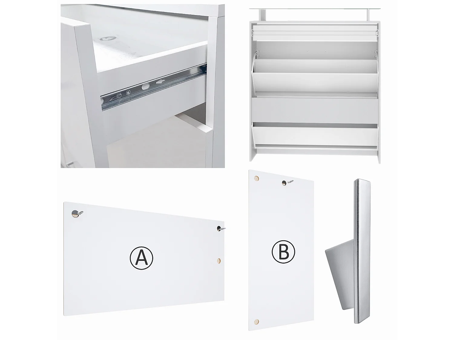 Penderie Loret Mini, Meuble d’entrée comprenant 1 commode à chaussures, 1 miroir mural et 2 panneaux porte-manteaux, Blanc mat/Blanc mat