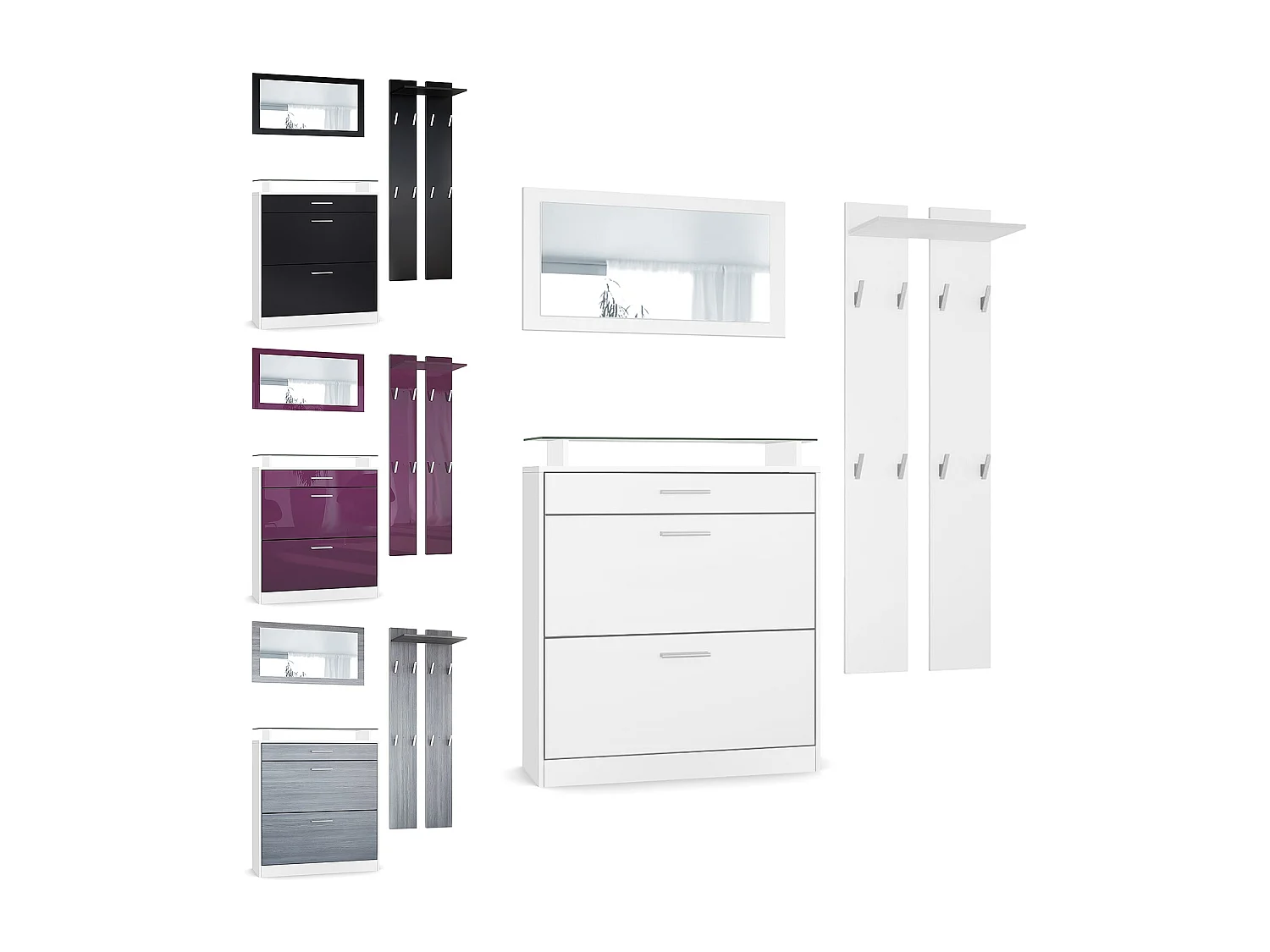 Penderie Loret Mini, Meuble d’entrée comprenant 1 commode à chaussures, 1 miroir mural et 2 panneaux porte-manteaux, Blanc mat/Blanc mat