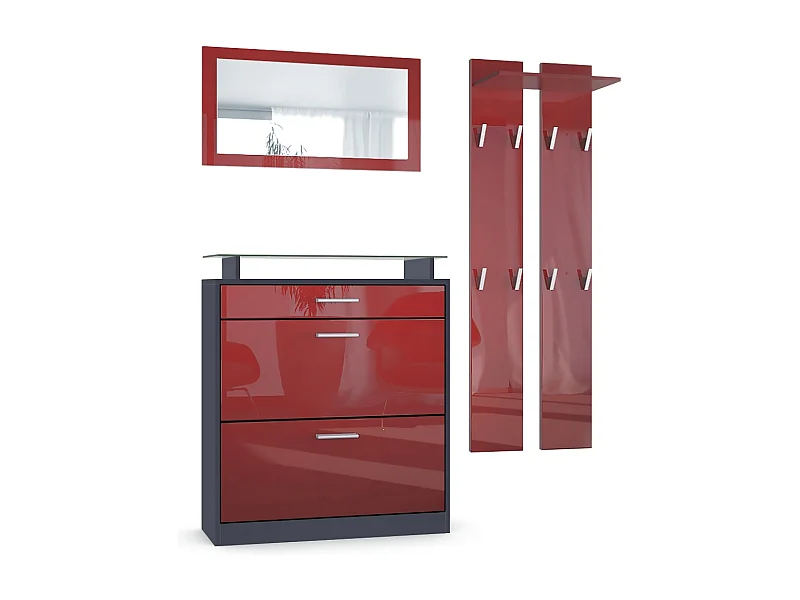 Loret Ensemble penderie, meuble à chaussures 89 x 104 x 23 cm avec miroir, 2 panneaux murales, Anthracite mat & Bordeaux haute brillance
