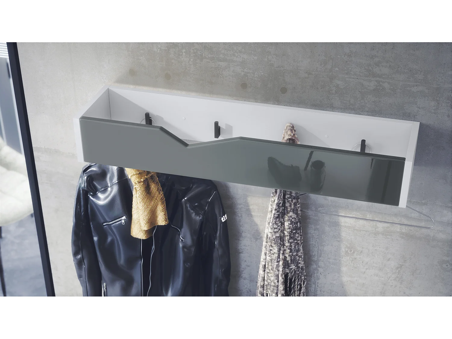Perchero gancho de pared panel para colgar ropa Kolmio, cuerpo en blanco mate, frente en gris de alto brillo 83,5 x 12,5 x 21 cm