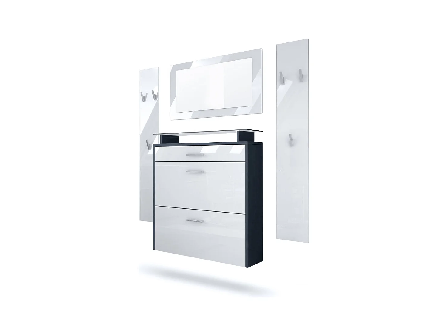 Penderie Malea, Meuble d’entrée comprenant 1 commode à chaussures murale, 1 miroir mural et 2 panneaux porte-manteaux, Anthracite mat/Blanc haute brillance