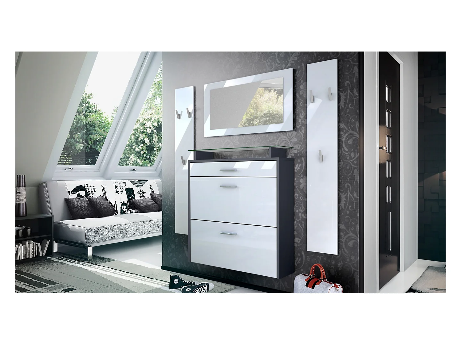 Penderie Malea, Meuble d’entrée comprenant 1 commode à chaussures murale, 1 miroir mural et 2 panneaux porte-manteaux, Anthracite mat/Blanc haute brillance